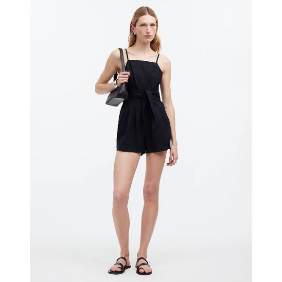 NWT Madewell Romper Linen Blend Tie Waist Sleeveless Square Neck Black Size 6 - Picture 2 of 16